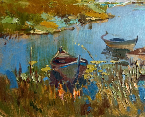 Image 1 of Origineel olieverfschilderij: Kustdorplandschap - Er stroomt een rivier vlakbij het dorp.