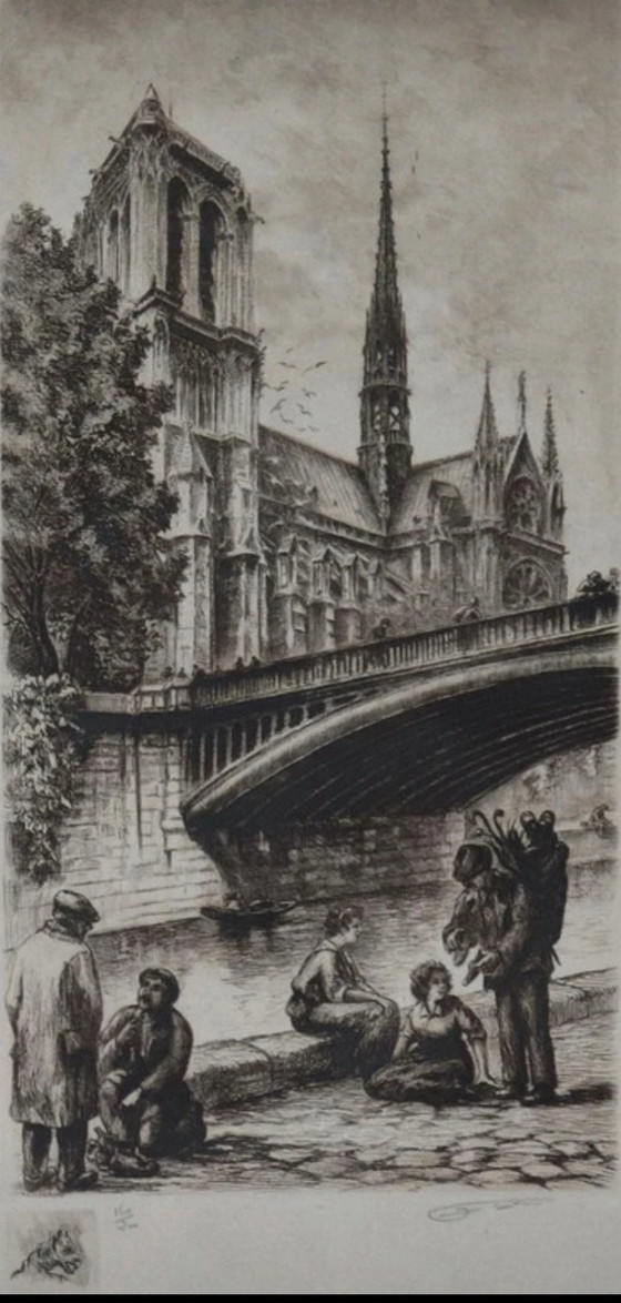 Eau-forte Originale d'Aimé Edmond Dallemagne, Intitulée Notre-Dame de Paris et le Pont au Double (photo 3 of 13)