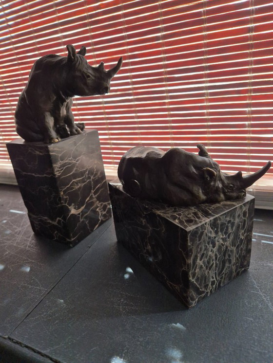 Image 1 of Twee bronzen neushoorn beelden