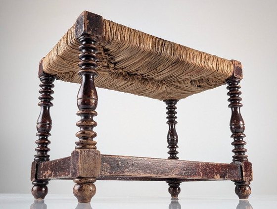 Image 1 of Spanish Provincial Bobbin-Turned Rush Bench, 1940s