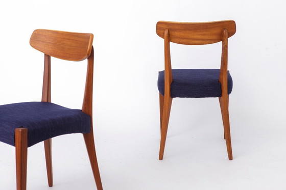 Image 1 of Set of 3 Danish Teak Chairs 1960s, Vintage Mid Century Dining Chairs, Dark Blue Upholstered Seats