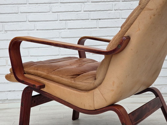 Jaren 70, Scandinavische Hoge Rug Fauteuil, Meubelleer, Gebogen Hout – Canvas (photo 5 of 20)