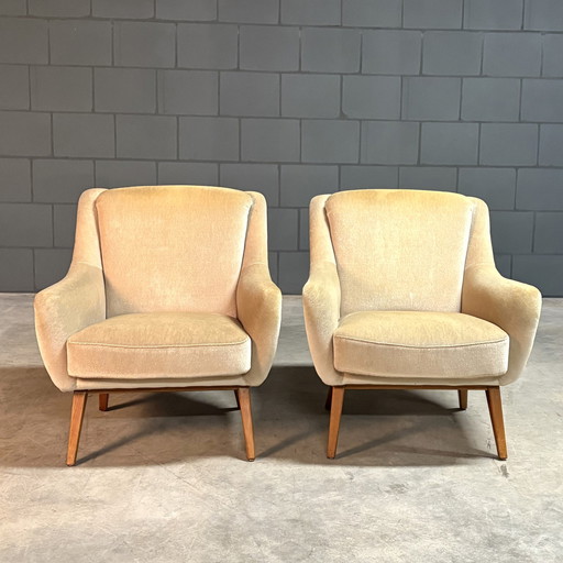 Set of Vintage Armchairs - Beige Velvet - 1960s