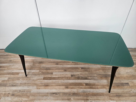 Image 1 of Mid-century mahogany dining table with aquamarine glass top