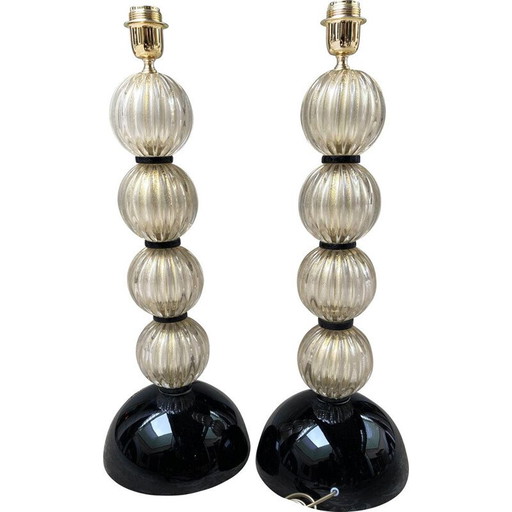 Pair of vintage gold and black murano glass lamps, 1980