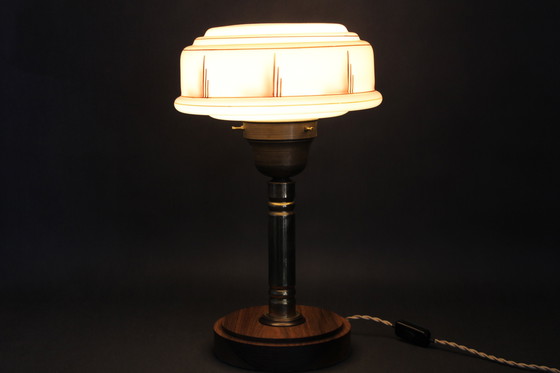 Image 1 of 1940s Restored Brass Table Lamp with Wooden Base and Glass Shade
