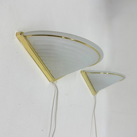 Image 1 of Set di lampade da parete vintage in vetro con supporto dorato, anni '70