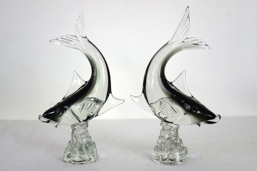 2 grands poissons en verre soufflé de Murano G. Campanella, Italie, 1960s