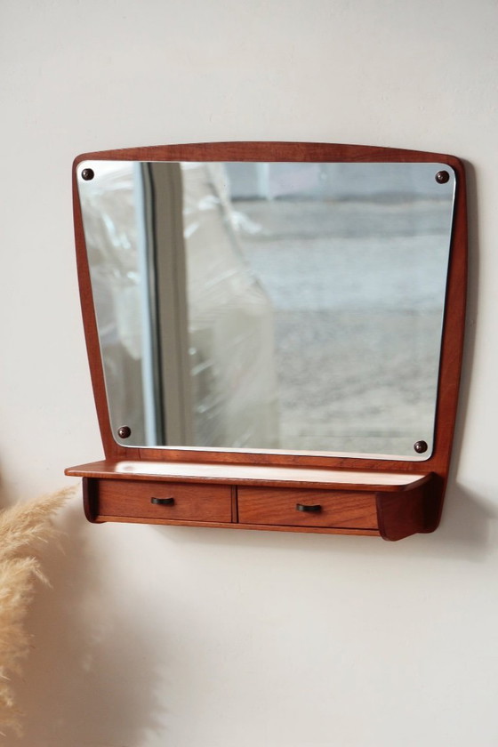 Image 1 of Scandinavian Teak Wall Mirror with Drawers – Mid-Century Danish Design