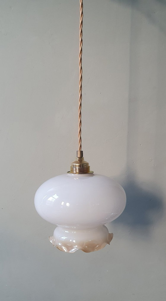 Vintage Glazen Hanglamp - Decoratie Rand - Parelmoer Effect. – Hanglampen, Metal (photo 11 of 13)