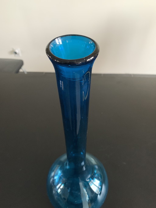 Blue mouth-blown glass bottle 51 cm high