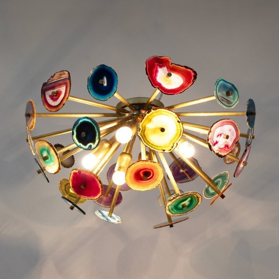 Image 1 of Plafonnier « Sputnik » de conception italienne avec sections en pierre d'agate et laiton