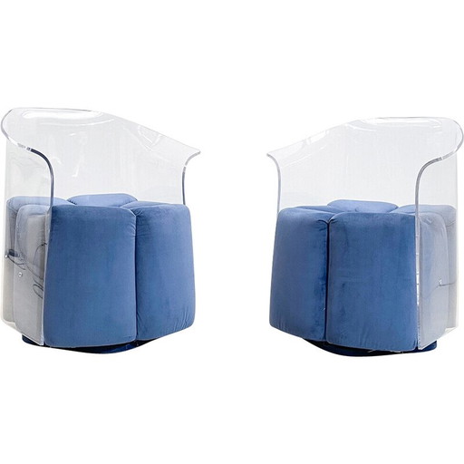 Coppia di poltrone in velluto blu e lucite di metà secolo, Italia, anni '70