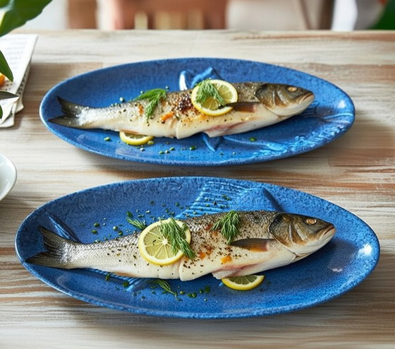 Image 1 of (W029) Rare Vintage Ross Art Fish Bowl Set – 2 Blue Ceramic Serving Dishes 48cm