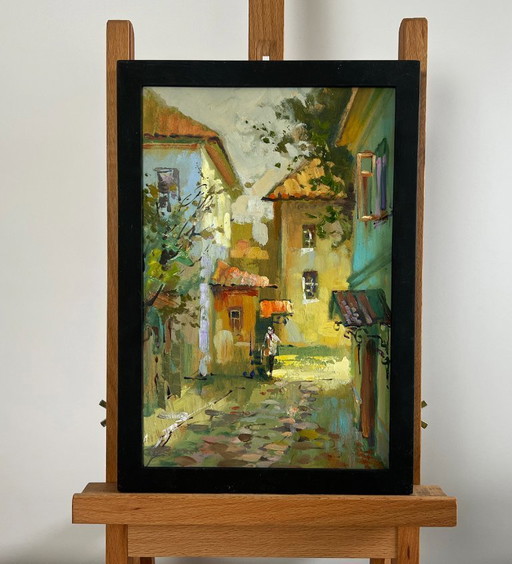 Original Oil Painting Evening City Landscape Fresh air from the streets