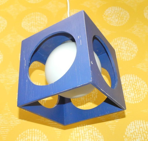 70s hanging lamp cube blue wood opal glass ball "Richard Essig" vintage retro