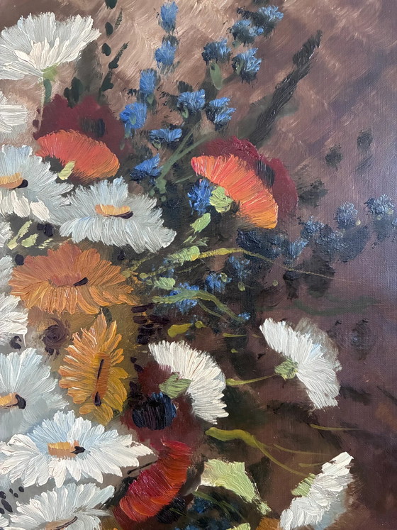 Vintage original floral oil painting with wildflowers in blue vase – Paintings & Drawings, Wood, Canvas (photo 8 of 17)