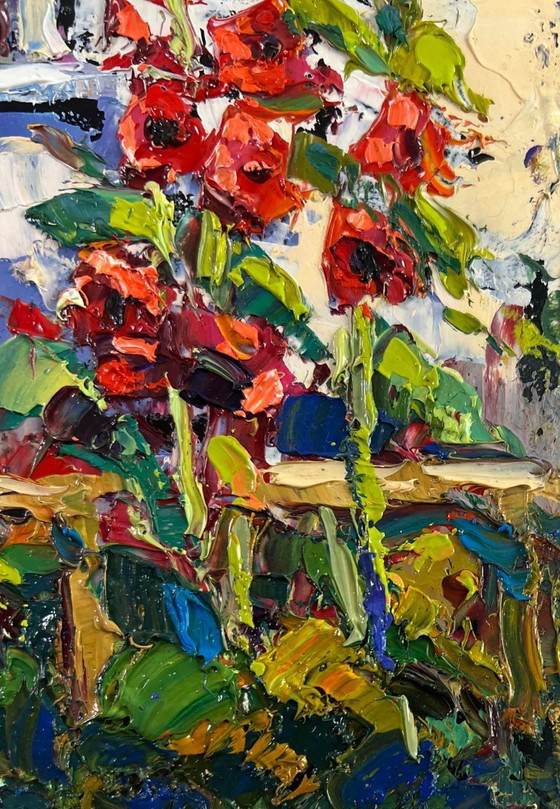 Image 1 of Original Oil Painting Summer Flowers Landscape Mallows are blooming near the house