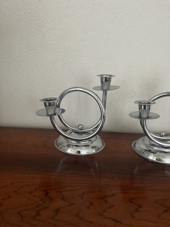Image 1 of Set of Art Deco chrome candle holders Demeyere 1930s