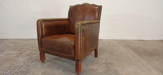 Image 1 of Fauteuil vintage Art Déco en cuir cognac
