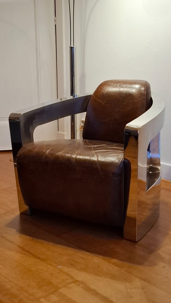 Image 1 of Aviator fauteuil – echt leer & gepolijst aluminium – vintage industrial design