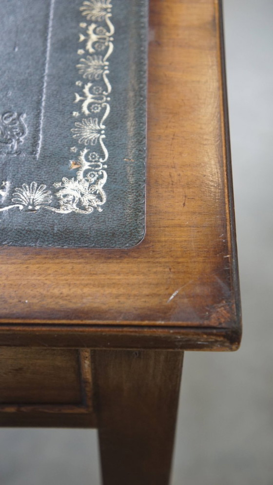 Image 1 of Writing table and a blue cowhide leather chesterfield office chair