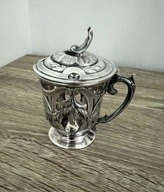 Image 1 of Silver-plated ornate mustard/jam pot with Gallia rooster hallmarks