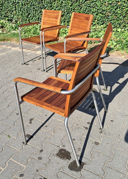 4 Teak with stainless steel garden chairs, stackable