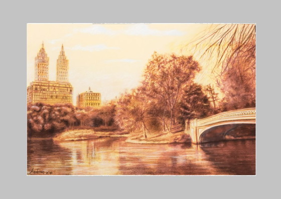 Image 1 of Drawing of Central Park. Central Park picture signed by the artist. Hand-drawn sepia drawing of Central Park. New.