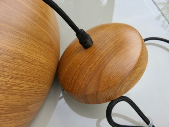 Image 1 of Lámpara colgante escandinava de metal con aspecto de madera, años 80.