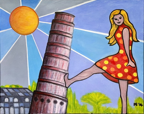 Image 1 of Beautiful series of 8 handmade paintings, theme ‘women and world buildings’.