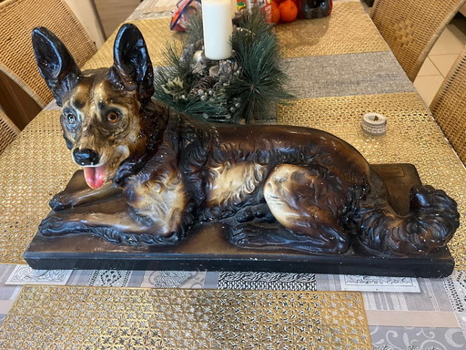 Large plaster sculpture shepherd dog Signed ca. 1950s 57 cm long