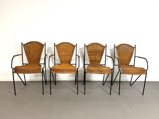 Image 1 of Juego de 4 sillas de mimbre de Frederick Weinberg, EE.UU., años 60.