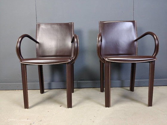 Image 1 of Pair of brown leather armchairs by Arper italy, 1980s