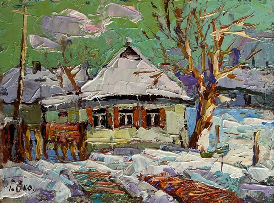 Image 1 of Original Oil Painting Winter Houses Landscape Saturday winter day