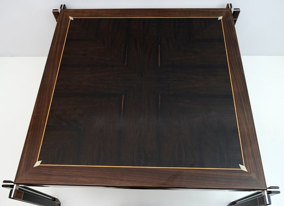 Image 1 of Table de salle à manger italienne en acier et bois incrusté de Paolo Barracchia par Roman Deco, 1978