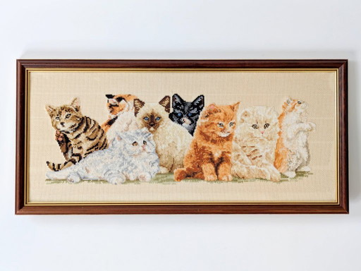 Vintage Jannlynn Cross-Stitch “Cats in a Row" | Handmade and Framed