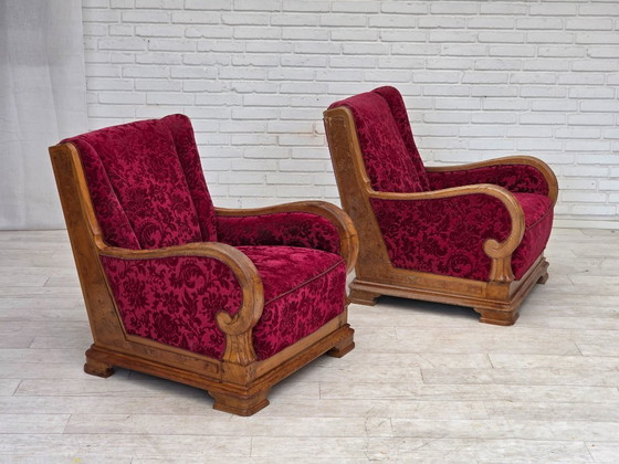Image 1 of Anni '50, poltrona relax danese, velluto rosso per mobili, legno di quercia.