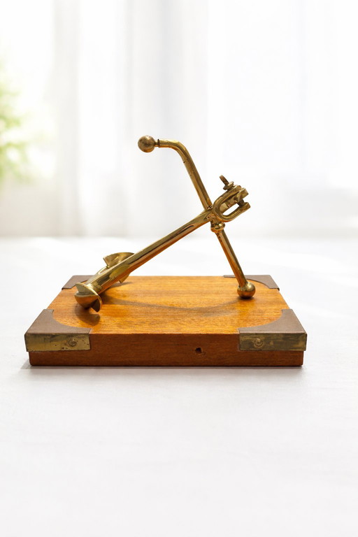 Vintage Mid-Century Brass Anchor Sculpture on Wooden Base - 1960s