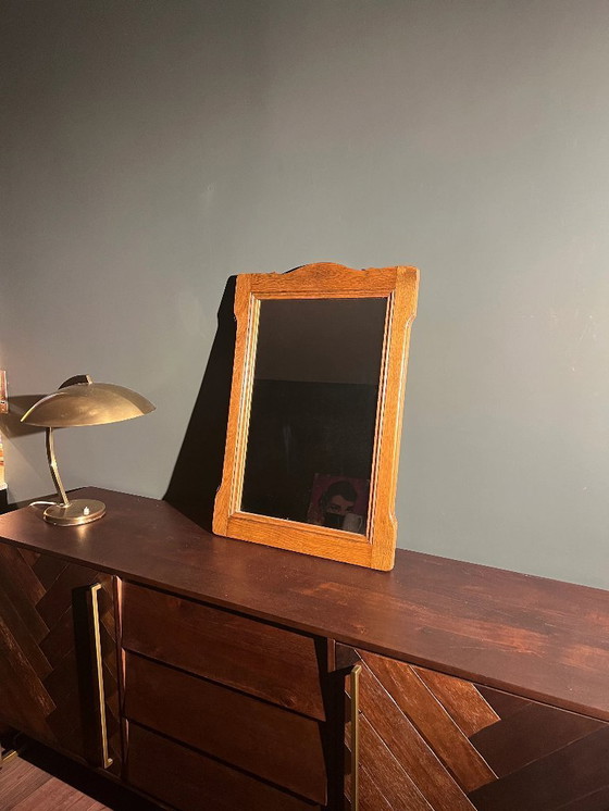 Image 1 of Original Mid - Century wall mirror with a rustic solid wood frame. Medium sized 1960s mirror.