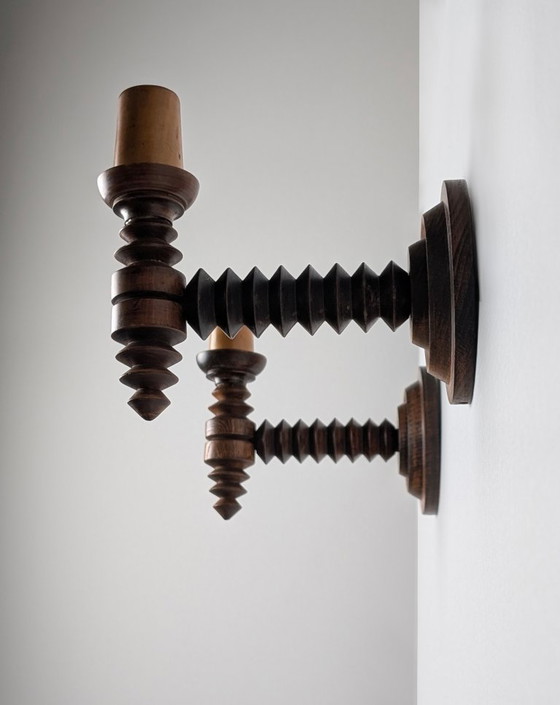 Image 1 of Par de apliques de pared franceses de madera torneada de Charles Dudouyt, década de 1940