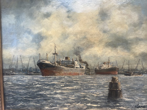 Painting (4): Rotterdam harbor scene - unknown painter