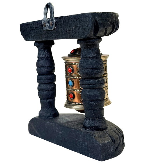 Vintage Tibetan Mani Prayer Wheel in Black Wooden Frame – circa 1980s – Sculpture, Metal (photo 4 of 9)