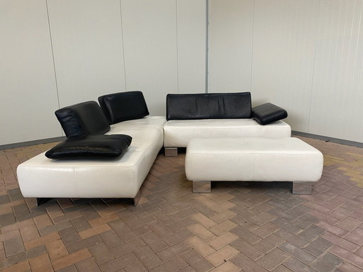Montel White Real Leather Corner Sofa + Stool