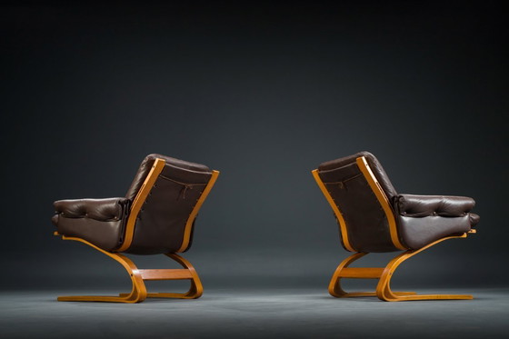 Image 1 of Set 2 bruin leren fauteuils van Elsa & Nordahl Solheim voor Rybo Rykken & Co, 1970