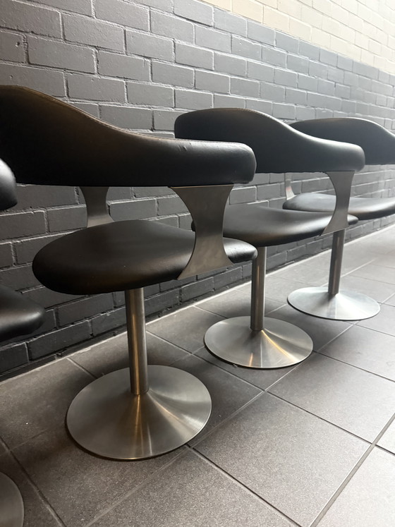 Image 1 of Set of 4 Vintage Space Age Swivel Chairs in Black and Brushed Stainless Steel