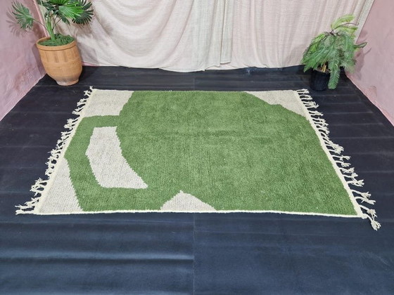 Image 1 of Handgemaakt groen vloerkleed van natuurlijke wol, afmeting 2/3 m