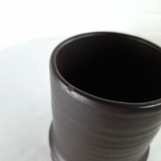 Image 1 of Vintage ribbed vase brown ceramic 1970s wabi sabi brutalist japandi