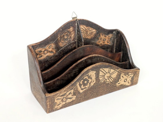Image 1 of Vintage Hand Carved Walnut Desk Organizer Letter Holder with Botanical and Sun Motifs