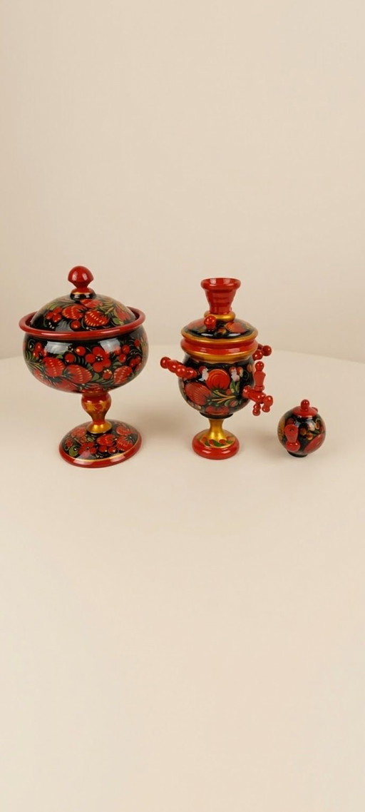 Ensemble de 3 miniatures russes Khokhloma – Bois laqué peint